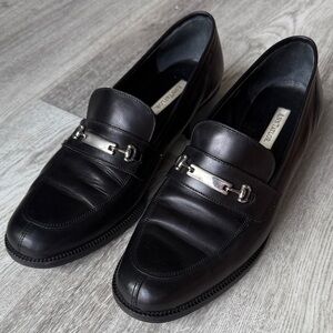 Vintage Ann Taylor Black Leather Horsebit Bit Loafers, Made in Italy, 10, Silver